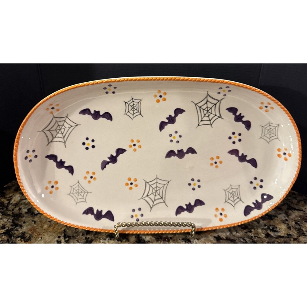 Temptations Halloween Boofetti Serving Platter Purple Bats‎ Spider Webs 13 Inch